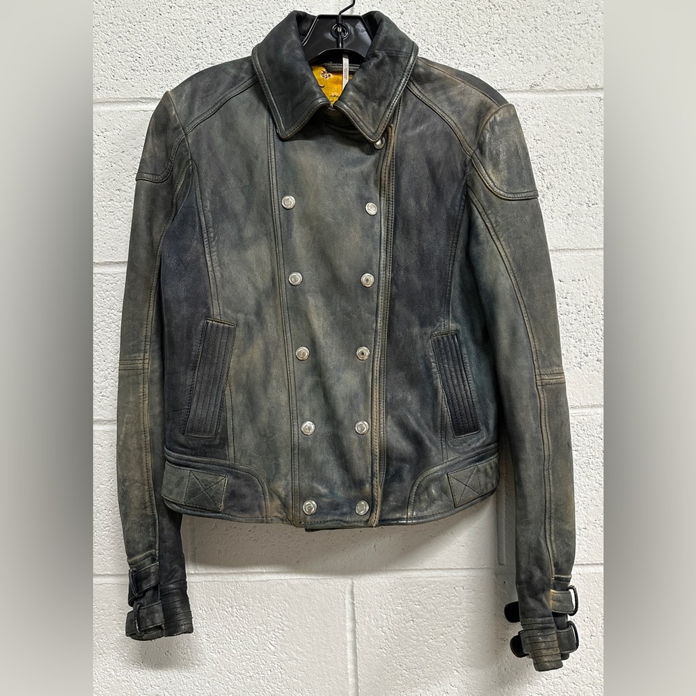 Free People Distressed Black Leather Double-Breasted Jacket